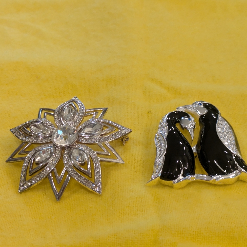 Elegant Dana Buchman Clear Rhinestone and Penguin Black Brooch Set Of 2